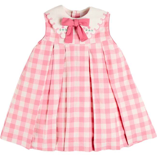 Catherine Gingham Embroidered Sleeveless Trapeze Dress, Pink