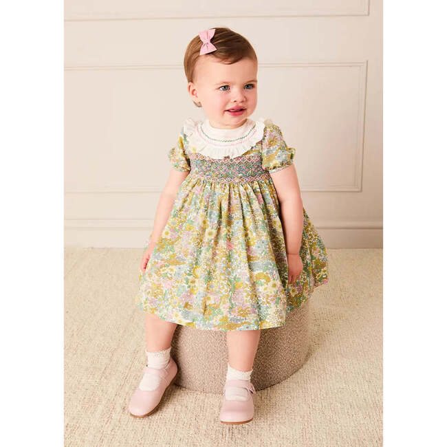 Charlotte Floral Hand Smocked Embroidered Collar Short Sleeve Dress With Bloomers, Green