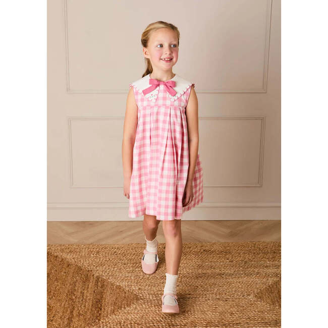 Catherine Gingham Embroidered Sleeveless Trapeze Dress, Pink