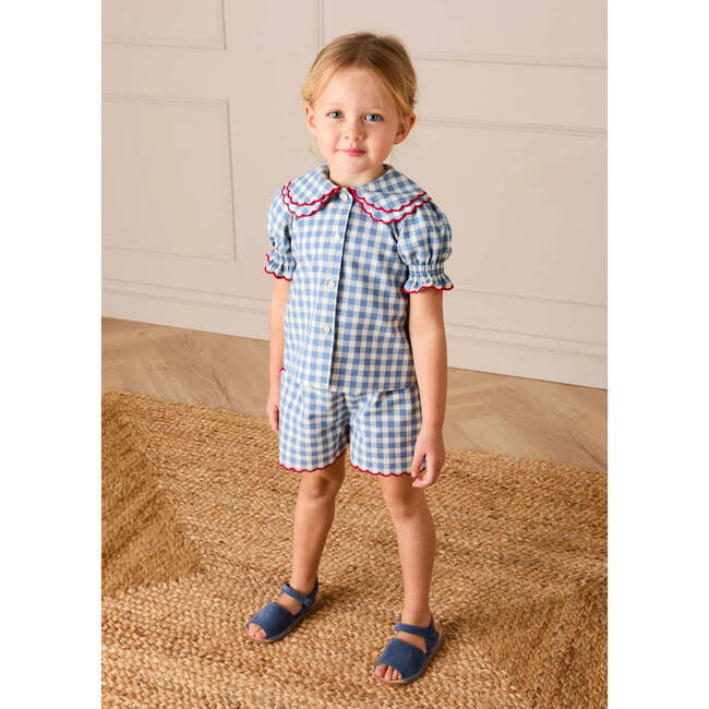 Darby Gingham Scallop Layered Collar Short Sleeve Blouse, Blue - Blouses - 5