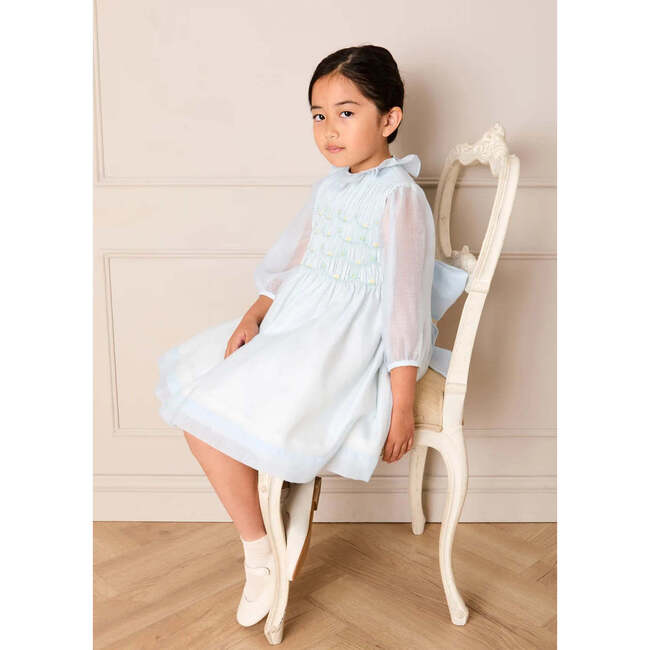 Daisy Embroidered Hand Smocked Long Sleeve Dress, Blue - Dresses - 4