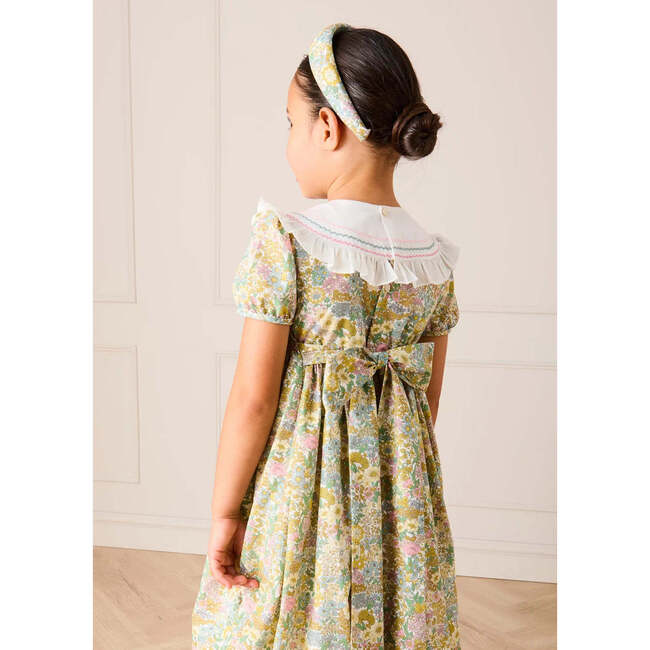 Charlotte Floral Hand Smocked Embroidered Collar Short Sleeve Dress, Green - Dresses - 3