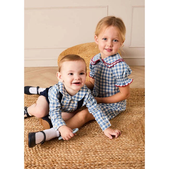 Darby Gingham Scallop Layered Collar Short Sleeve Blouse, Blue - Blouses - 6