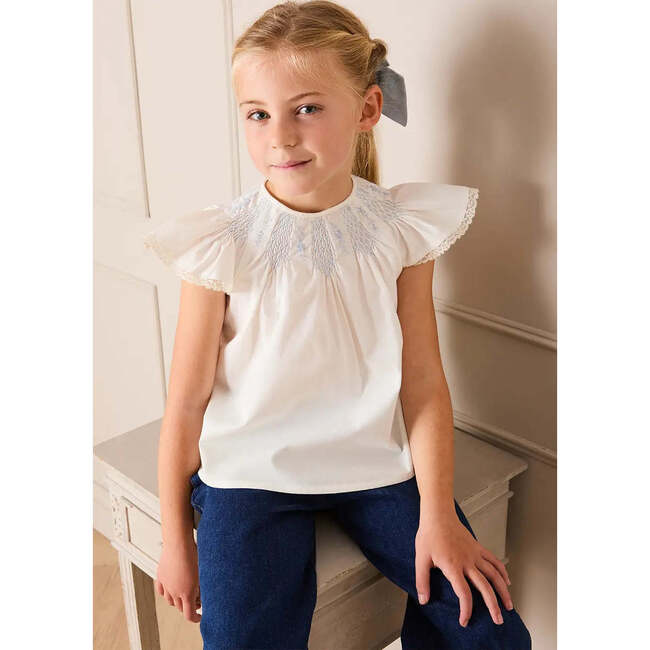 Butterfly Embroidered Lace Detail Cap Sleeve Blouse, White