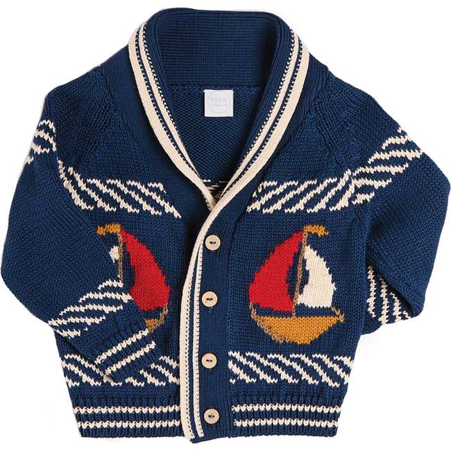 Boat Motif Knitted Cardigan, Navy