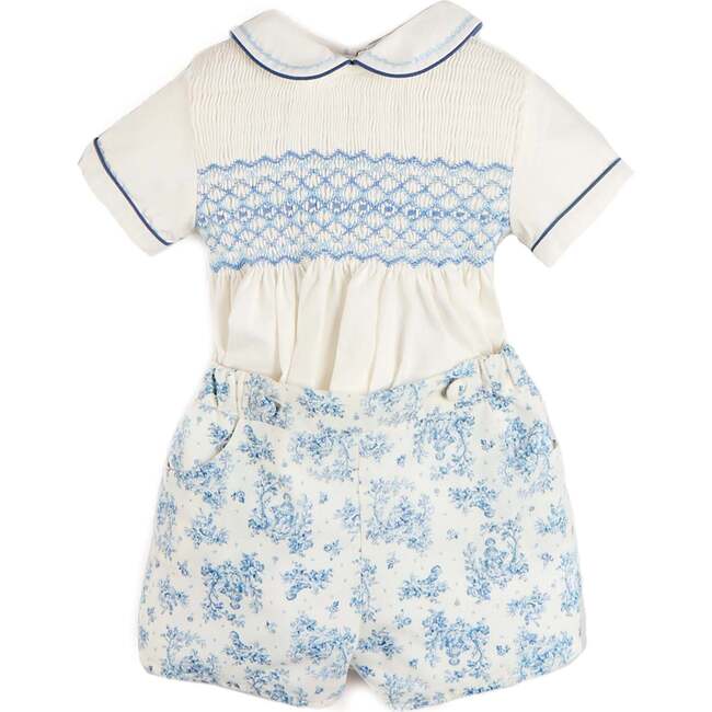 Audrey Toile Peter Pan Collar Hand Smocked Two Piece Set, Blue