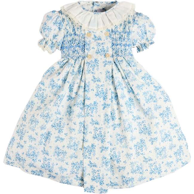 Audrey Toile Hand Smocked Ruffle Collar Short Sleeve Dress, Blue