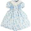 Audrey Toile Hand Smocked Ruffle Collar Short Sleeve Dress, Blue - Dresses - 1 - thumbnail
