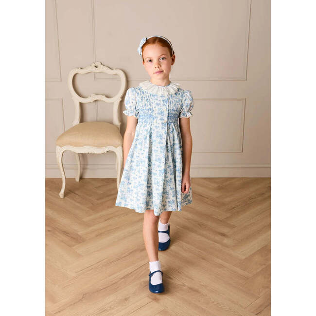 Audrey Toile Hand Smocked Ruffle Collar Short Sleeve Dress, Blue