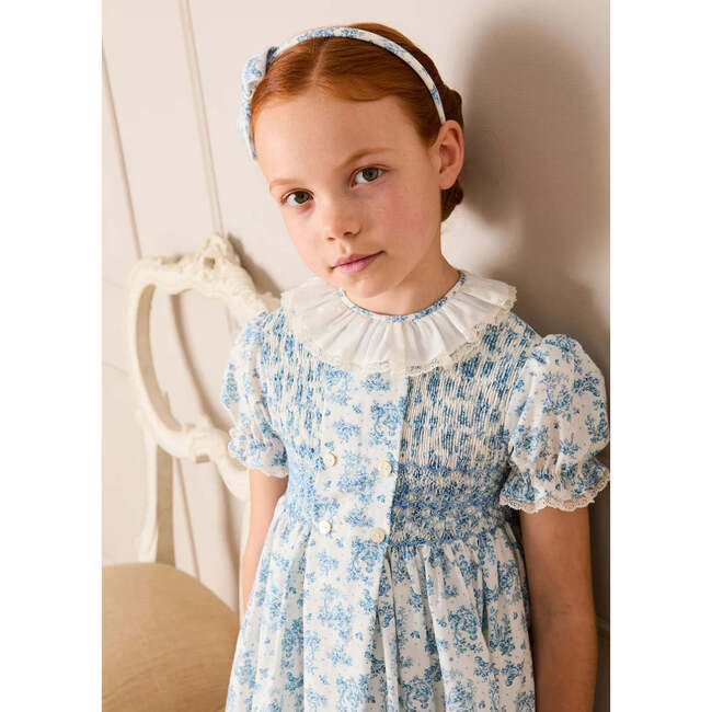 Audrey Toile Hand Smocked Ruffle Collar Short Sleeve Dress, Blue - Dresses - 3