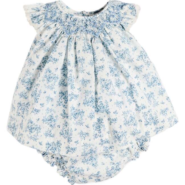 Audrey Toile Capped Sleeve Hand Smocked Dress with Bloomers, Blue