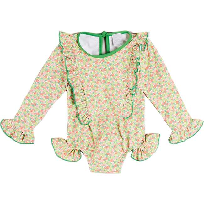 Annie Apple Print Ruffle Detail Long Sleeve Swimsuit, Green
