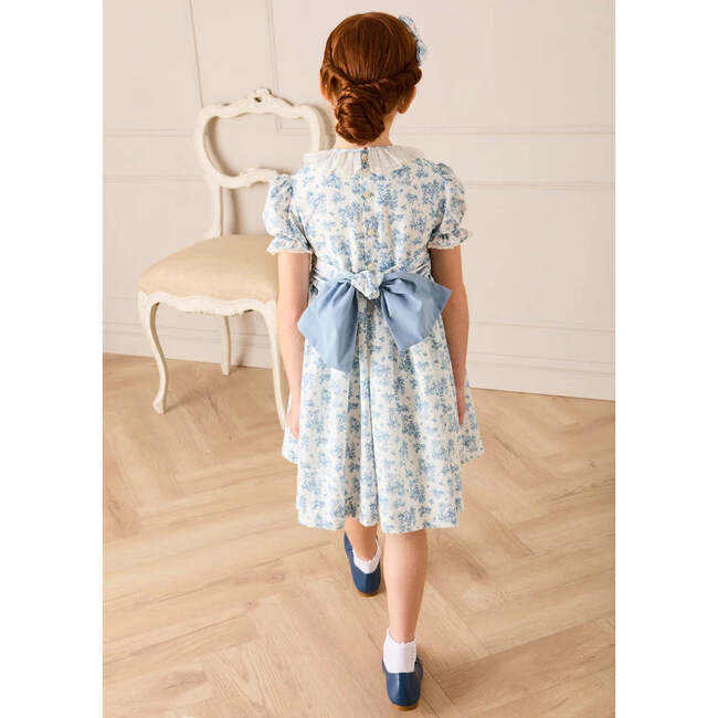 Audrey Toile Hand Smocked Ruffle Collar Short Sleeve Dress, Blue - Dresses - 4