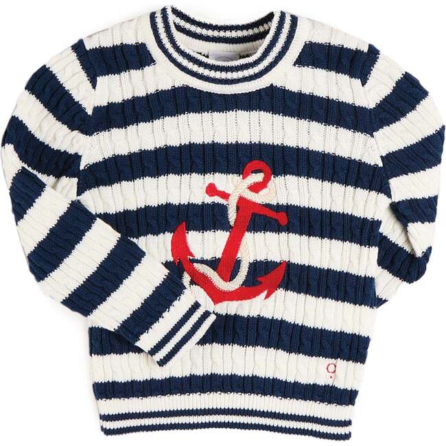 Anchor Motif Cable Knit Sailor Stripe Jumper, Navy
