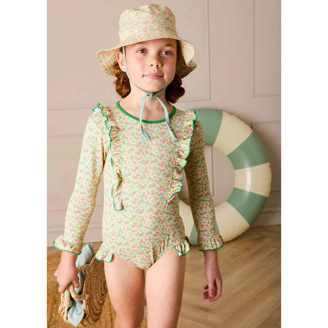 Annie Apple Print Ruffle Detail Long Sleeve Swimsuit, Green