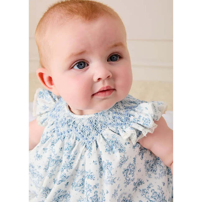Audrey Toile Capped Sleeve Hand Smocked Dress with Bloomers, Blue - Dresses - 4