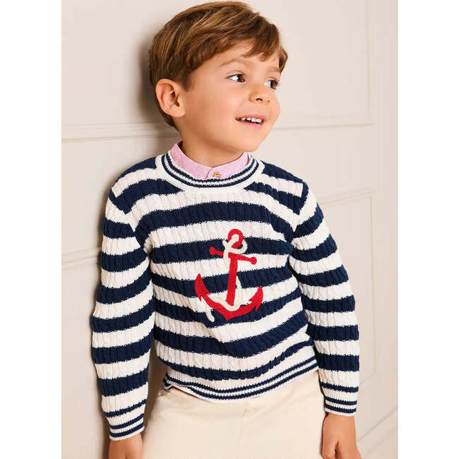Anchor Motif Cable Knit Sailor Stripe Jumper, Navy
