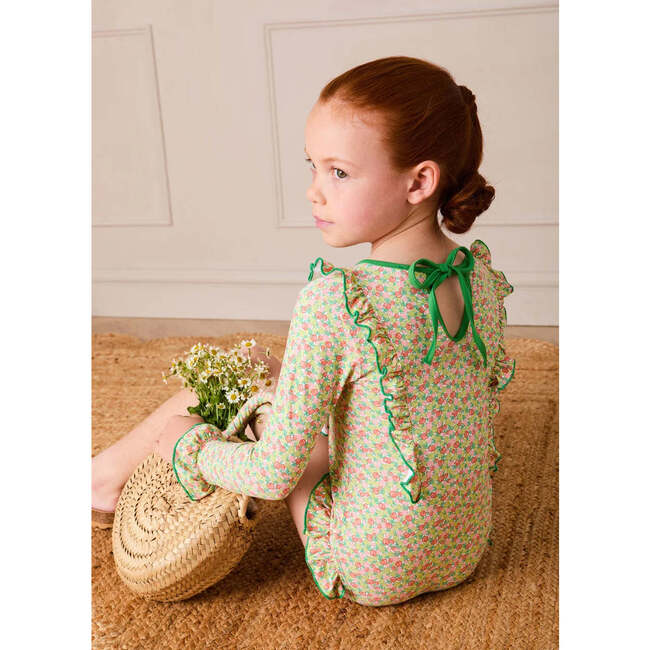 Annie Apple Print Ruffle Detail Long Sleeve Swimsuit, Green - One Pieces - 3