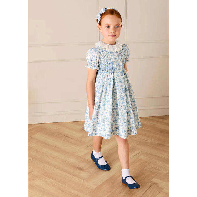 Audrey Toile Hand Smocked Ruffle Collar Short Sleeve Dress, Blue - Dresses - 6