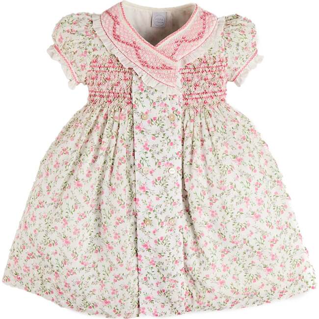 Alice Floral Double Breasted Hand Smocked Dress, Pink