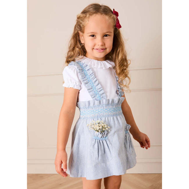 Alexander Stripe Smocked Skirt with Braces, Blue
