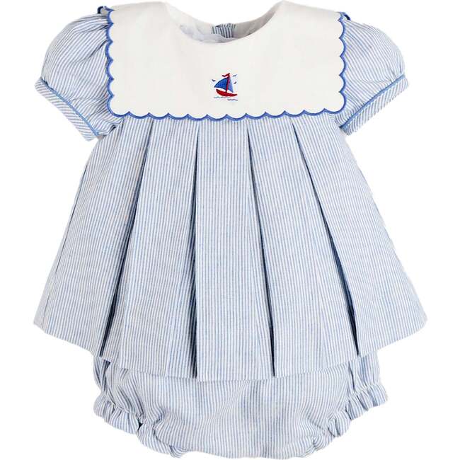 Alexander Stripe Mariner Collar Embroidered Boat Detail Dress with Bloomers, Blue