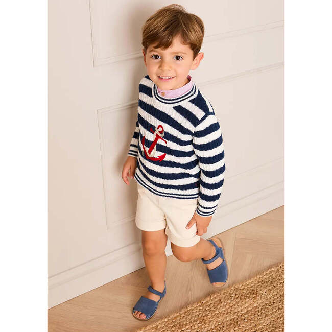 Anchor Motif Cable Knit Sailor Stripe Jumper, Navy - Sweatshirts - 5