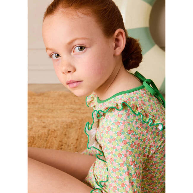 Annie Apple Print Ruffle Detail Long Sleeve Swimsuit, Green - One Pieces - 5