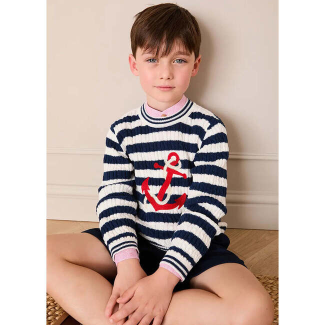 Anchor Motif Cable Knit Sailor Stripe Jumper, Navy - Sweatshirts - 4