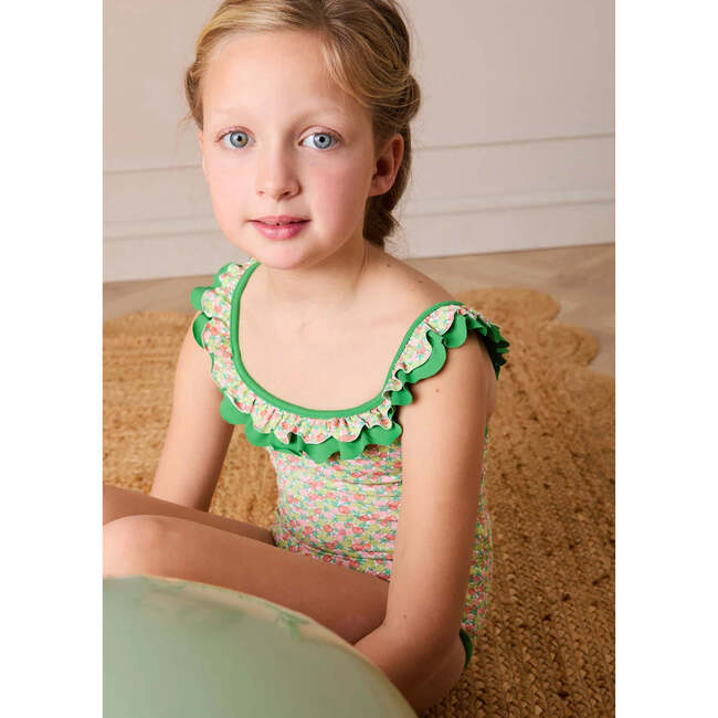 Annie Apple Print Ruffle Detail Swimsuit, Green - One Pieces - 5