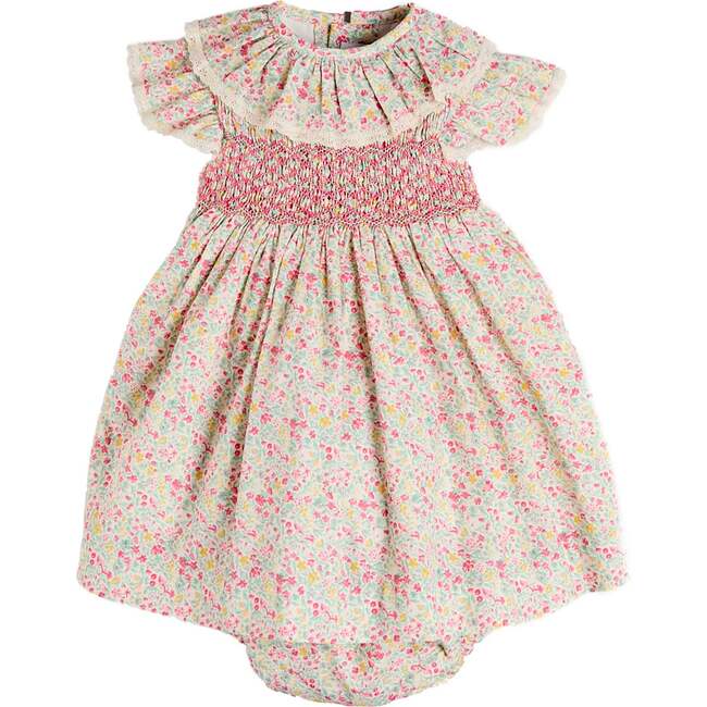 Adelaide Floral Hand Smocked Ruffle Collar Cap Sleeve Dress With Bloomers, Pink