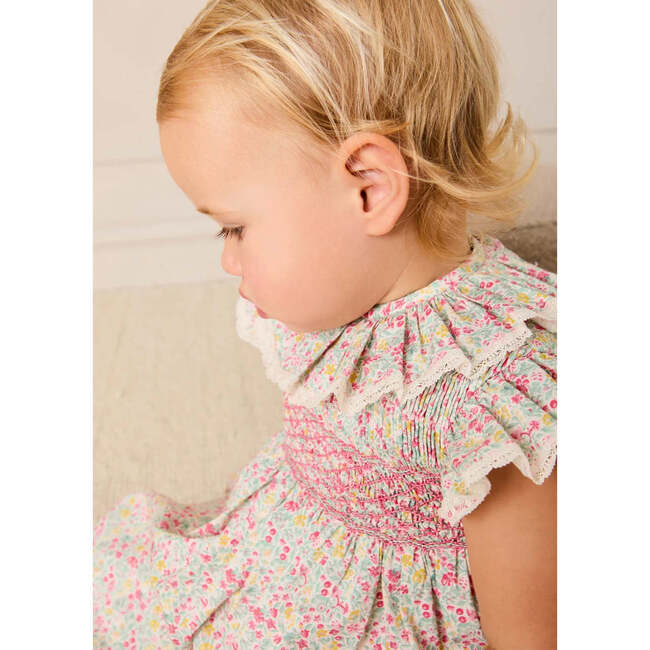 Adelaide Floral Hand Smocked Ruffle Collar Cap Sleeve Dress With Bloomers, Pink - Dresses - 3