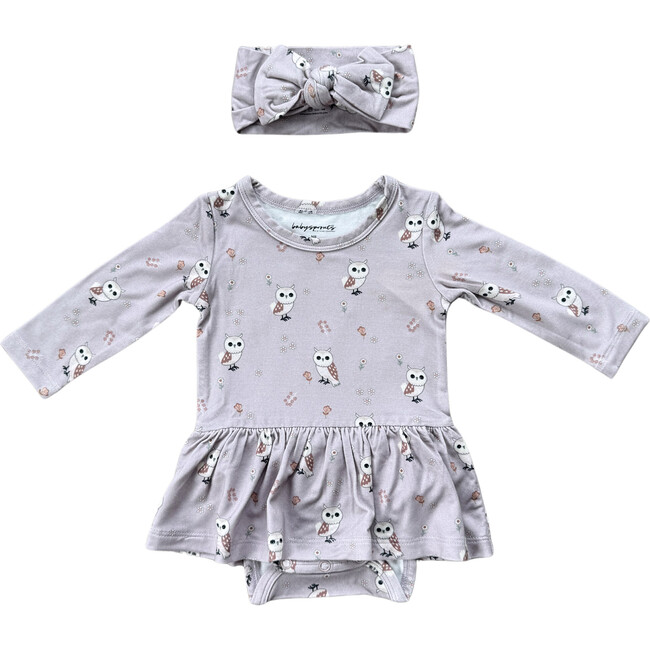 Girl's Bodysuit Dress Set Lavender Owl