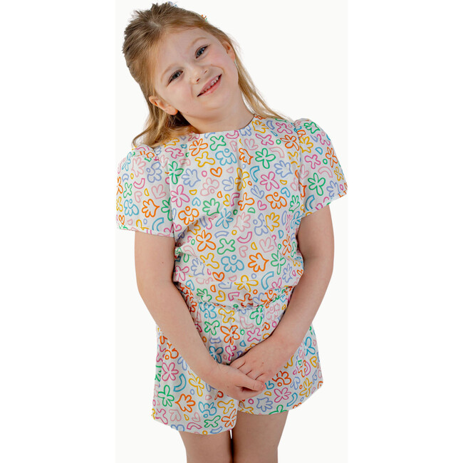 Puff Sleeve Blouse in Rainbow Doodle