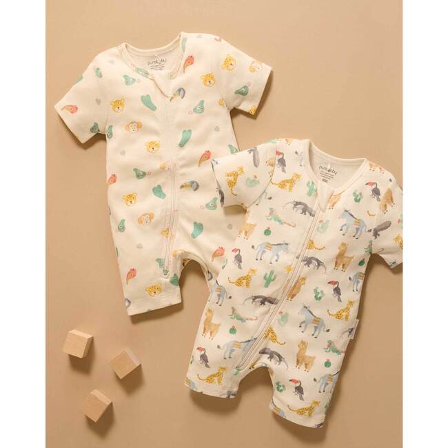 2 Pack Short Sleeve Zip Romper Fiesta Heads Print