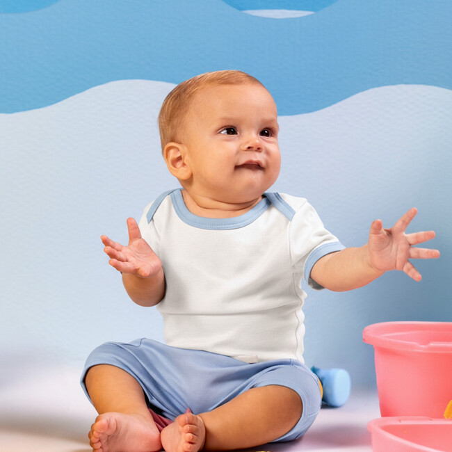 Short Sleeve Bodysuit, White with Chambray Blue