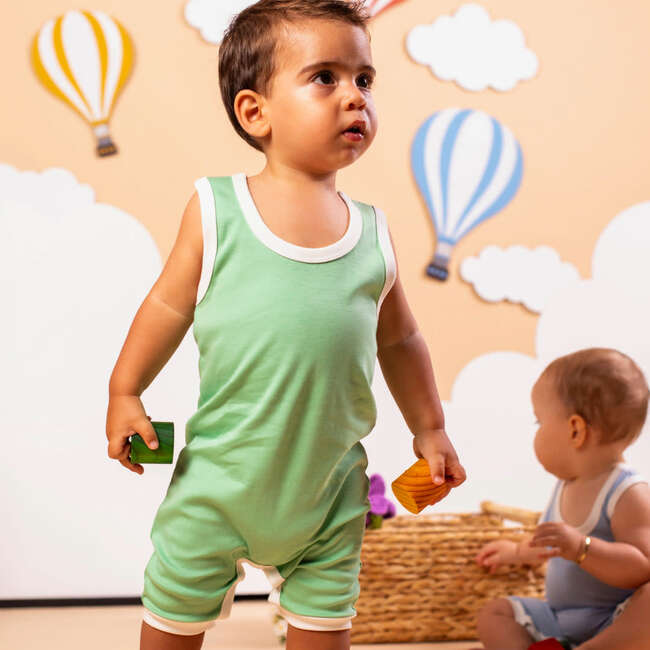 Cotton Romper, Grass Green with White