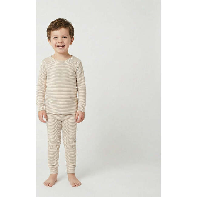 Oatmeal Stripe Bamboo Kids Pajama Set, Beige and White Stripe