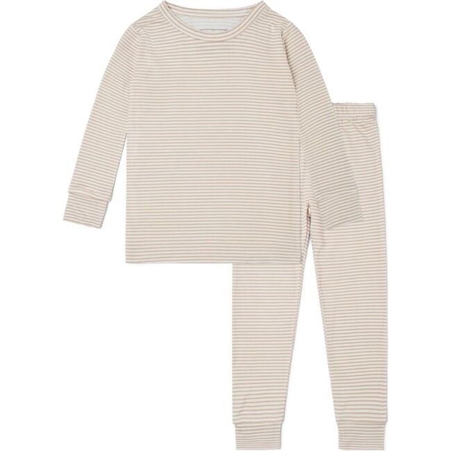 Oatmeal Stripe Bamboo Kids Pajama Set, Beige and White Stripe