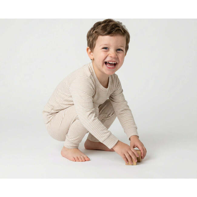 Oatmeal Stripe Bamboo Kids Pajama Set, Beige and White Stripe - Pajamas - 4