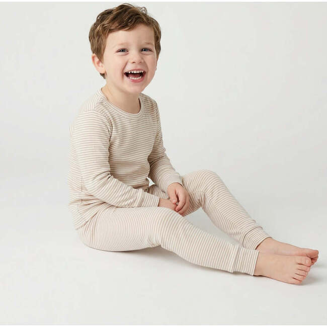 Oatmeal Stripe Bamboo Kids Pajama Set, Beige and White Stripe - Pajamas - 5