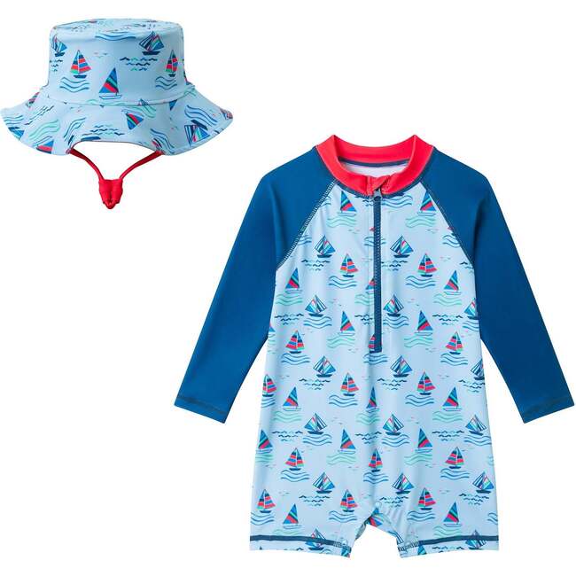 Infant Boys Swim Romper W/ Hat,  Navy Sailboat
