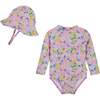 Infant Girls Long Sleeve Rashguard, Purple Floral with Hat - Rash Guards - 1 - thumbnail