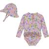 Infant Girls Long Sleeve Rashguard, Purple Floral with Hat - Rash Guards - 2 - thumbnail
