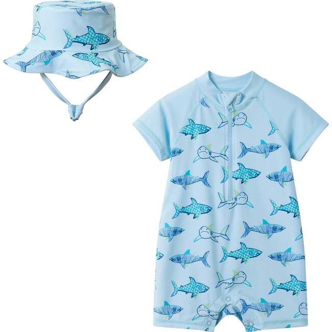 Infant Boys Swim Romper W/ Hat,  Aqua Shark