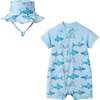 Infant Boys Swim Romper W/ Hat, Aqua Shark - Rompers - 1 - thumbnail