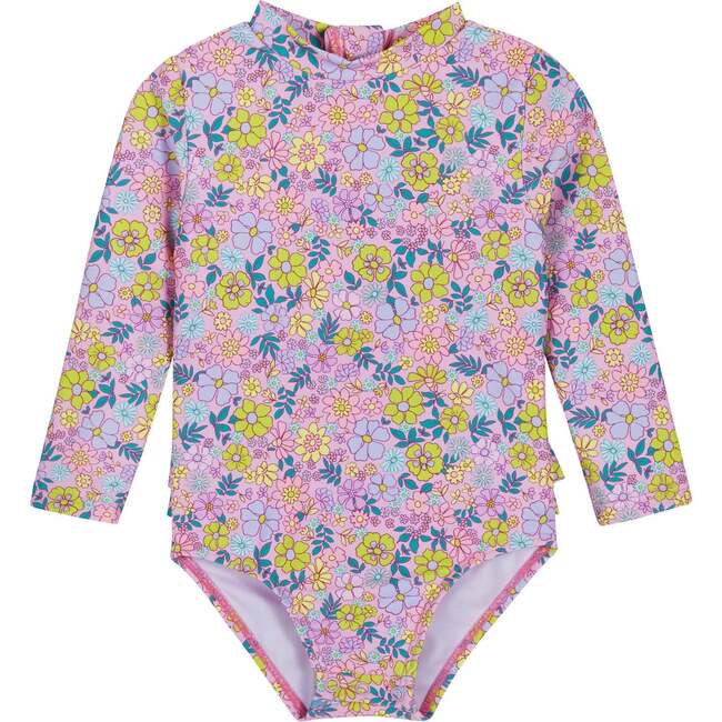 Infant Girls Long Sleeve Rashguard, Purple Floral with Hat - Rash Guards - 4