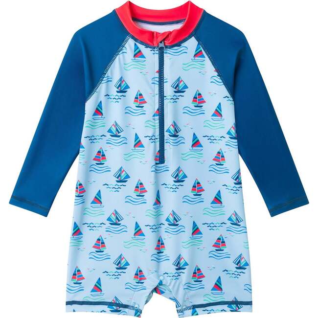 Infant Boys Swim Romper W/ Hat,  Navy Sailboat - Rompers - 5