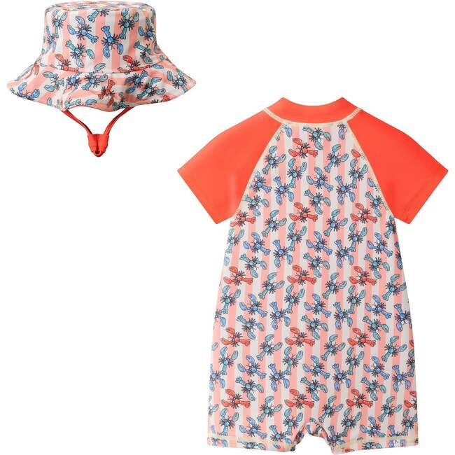 Infant Boys Short Sleeve Swim Romper W/ Hat,  Orange Lobster