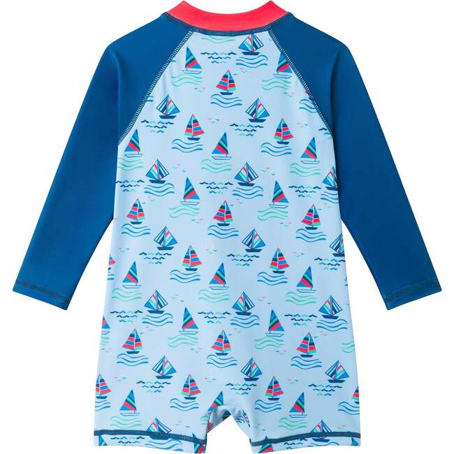 Infant Boys Swim Romper W/ Hat,  Navy Sailboat - Rompers - 6